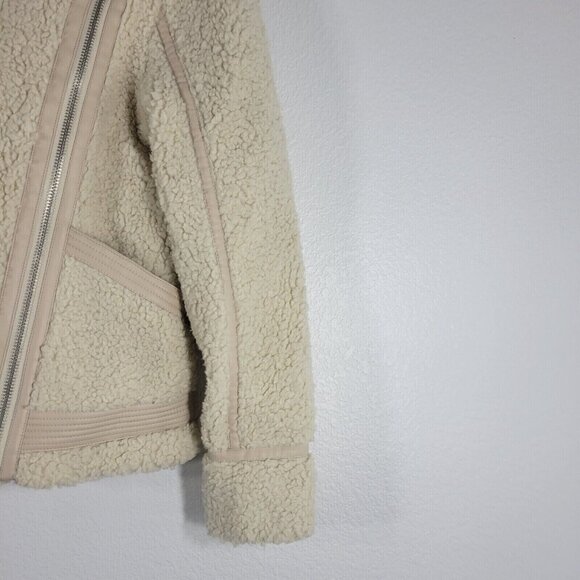 Abercrombie and Fitch Fleece Moto Jacket Women Small Faux Leather Trim Beige - Picture 5 of 13